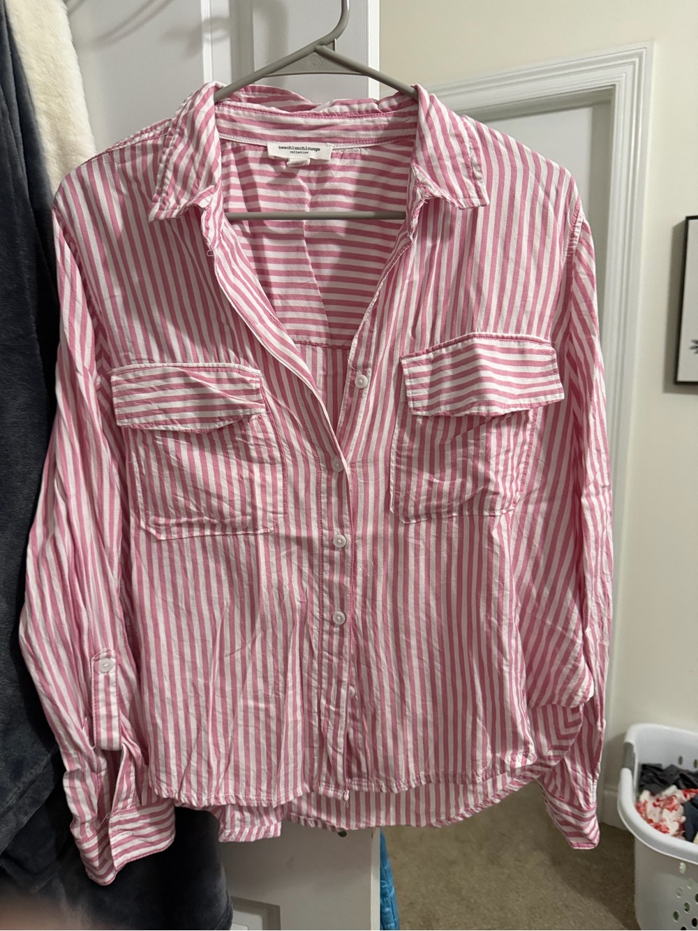 beachlunchlounge Pink and White Striped Button-Down Shirt